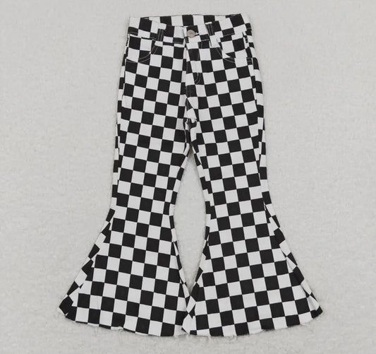 Checkered Denim Bell Bottoms - Girls