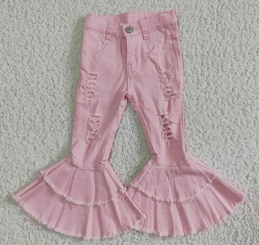 Pink Distressed Denim Bell Bottoms - girls