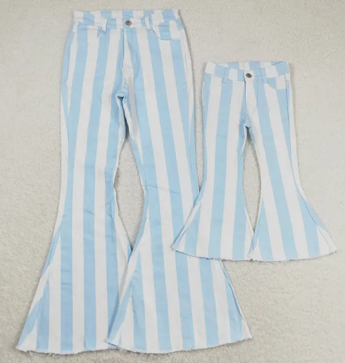 Striped Denim Bell Bottoms - Blue