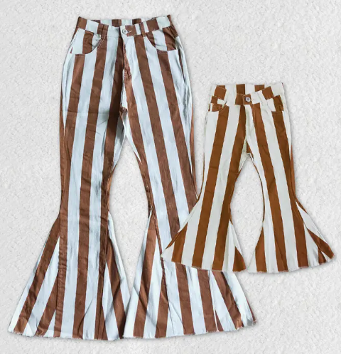 Striped Denim Bell Bottoms - Brown